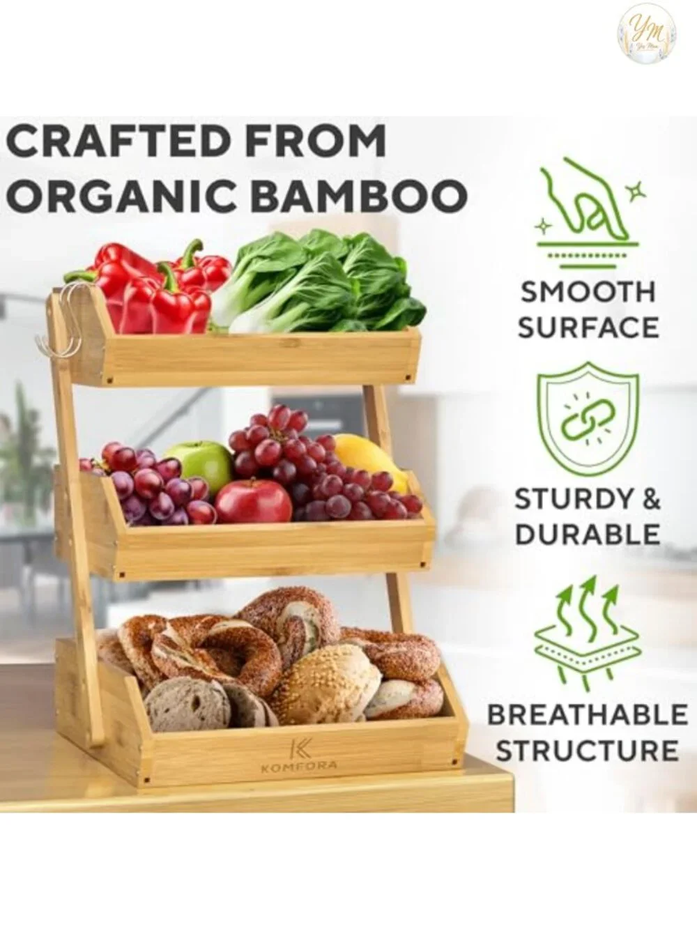 3 Tier Bamboo Fruit Basket with Wood Stand, Kitchen Counter Organizer